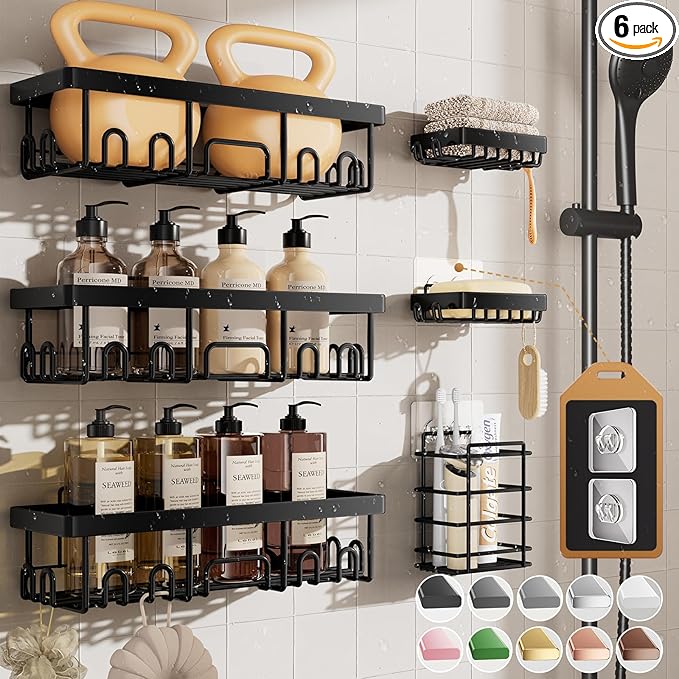 Veken Rustproof & Waterproof Shower Caddy 6-Pack, No Drilling Adhesive Shelves Rack with Soap Holder, Large Capacity Bathroom Organizers and Storage, Wall-Mounted Kitchen & Home Decor